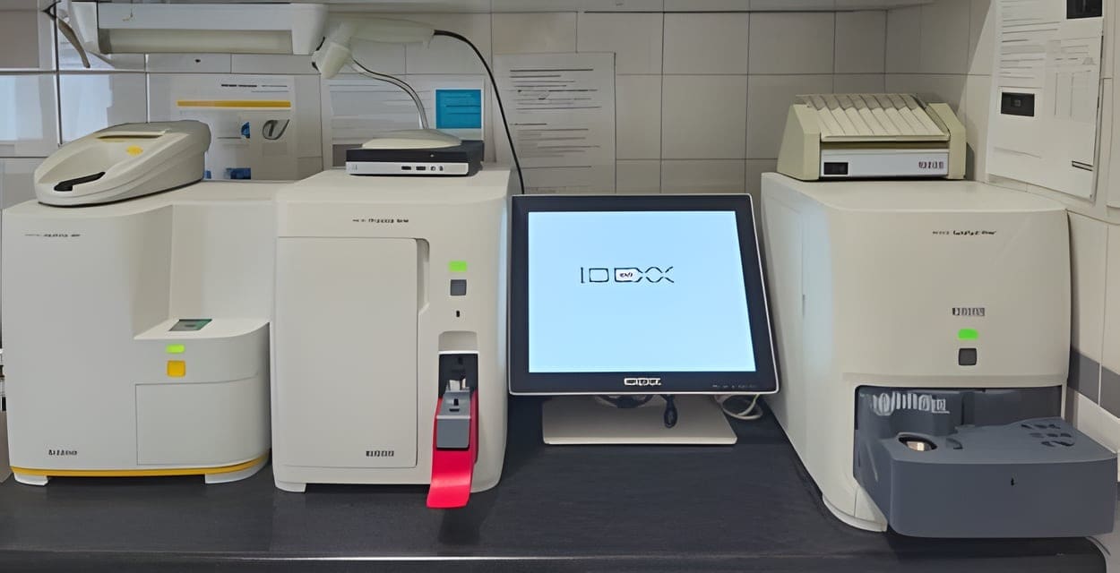 De laboratoriumapparatuur van de praktijk: SediVue, ProCyte en Catalyst naast elkaar op het werkblad