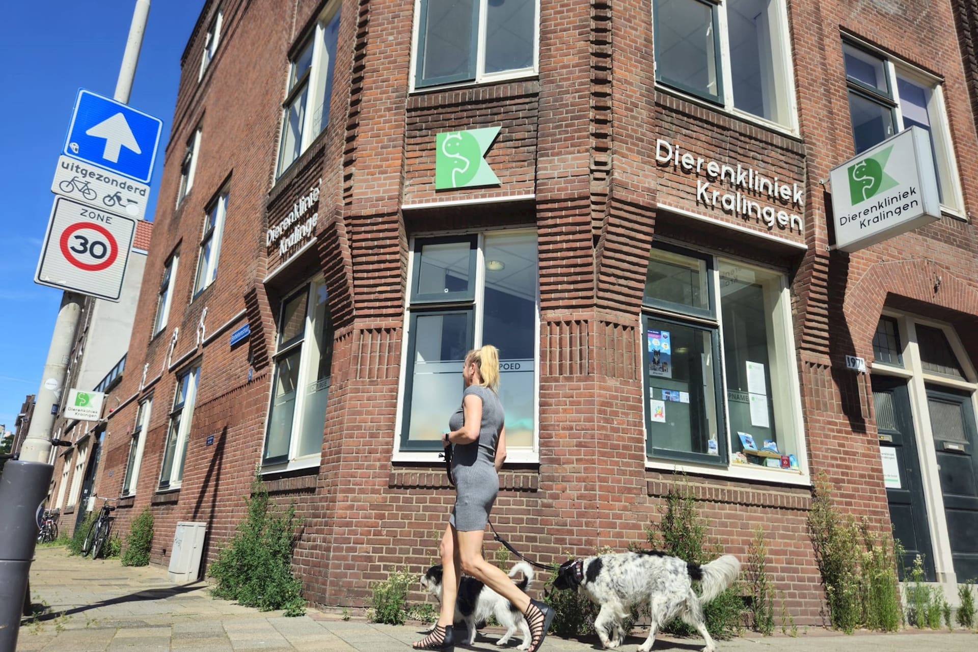 De hoekgevel van Dierenkliniek Kralingen aan de Oudedijk in Rotterdam, met iemand die twee honden uitlaat